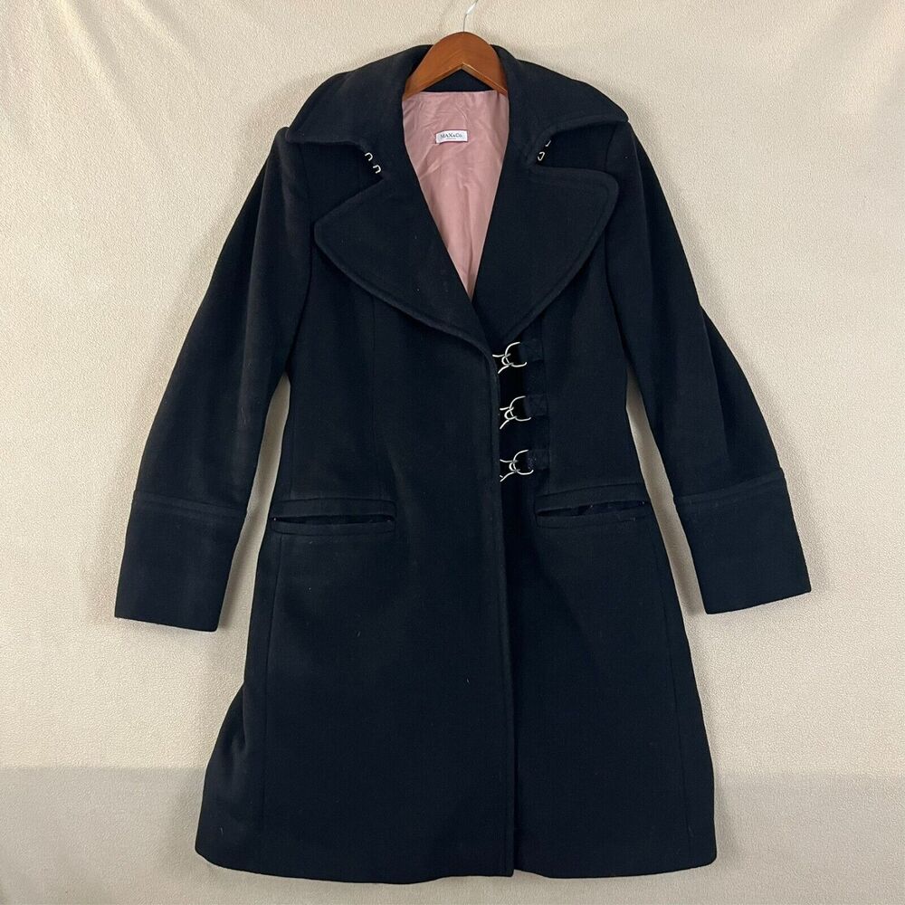 MAX&CO. Classic Coat Womens Black Size 42 Wool Pea Coat Mantello‎ Metal Buckles